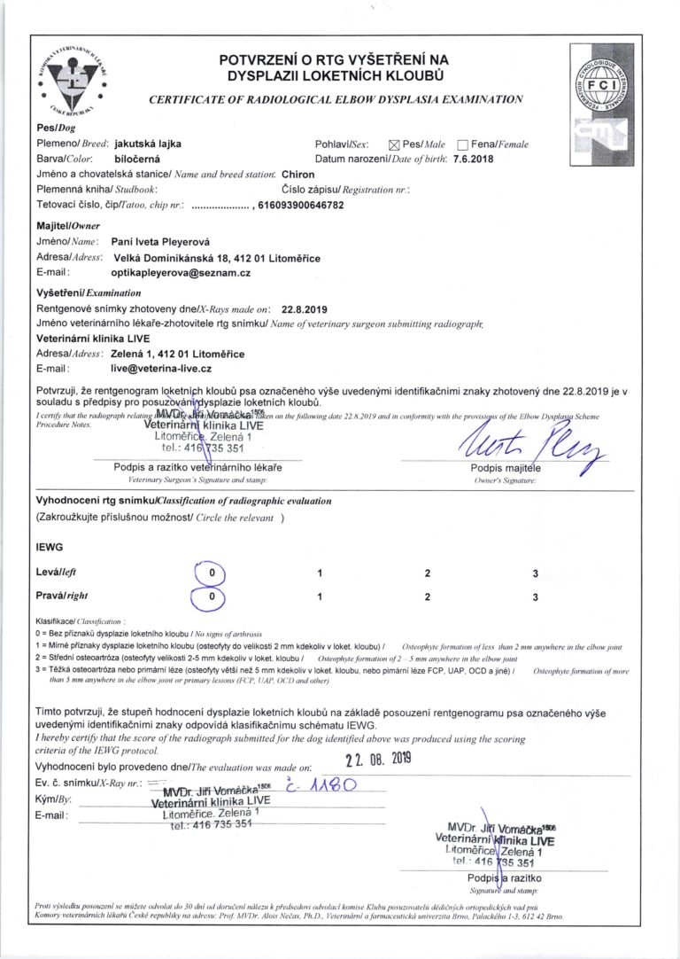 CHIRON Potvrzení o RTG vyšetření na dyslazii loketních kloubů
