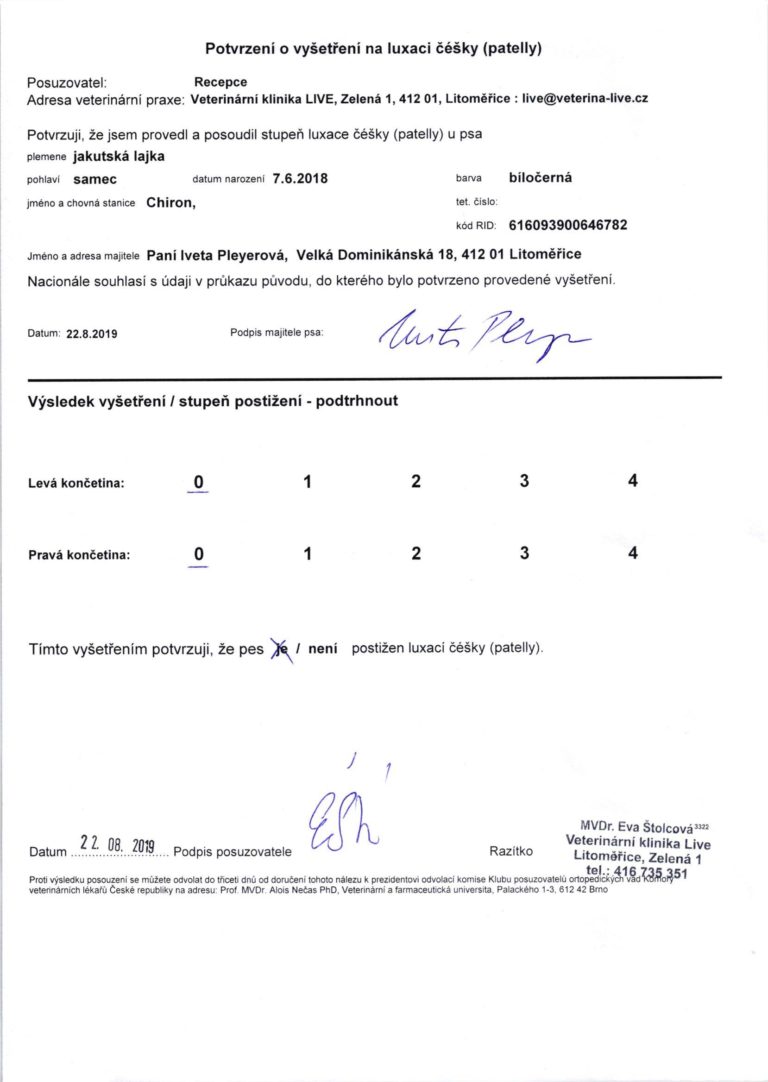 CHIRON Potvrzení o vyšetření luxace čéšky (patelly)