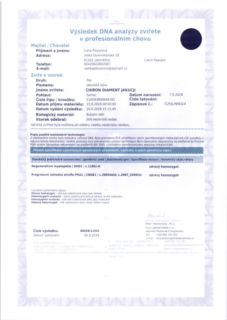 CHIRON Výsledek DNA analýzy zvířete v profesionálním chovu česky
