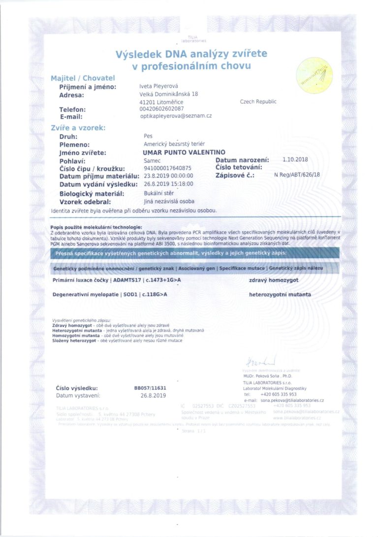 výsledky DNA anylýzy zvířete v profesionálním chovu česky