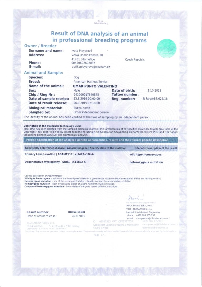 výsledek DNA analýzy zvířete v profesionálním chovu english